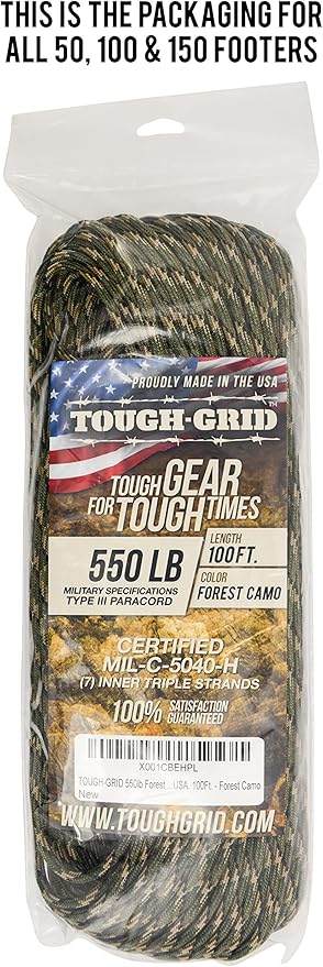 TOUGH-GRID 550 Paracord Rope Nylon Parachute Cord, Made in USA Survival Kit, Outdoor Adventures, Camping, Tactical Gear & Emergency Supplies, Military Type III Mil-Spec