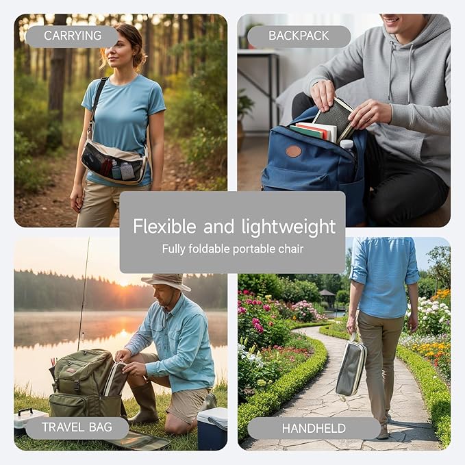 13 x 10.6 Inch Portable Folding Camping Stool, Metal Frame with Storage Mesh, Small Folding Stool for Adults Lightweight Outdoor Seating for Camping Fishing Hiking BBQ Hold Up to 265 LBS (Khaki)