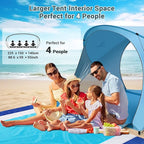 Beach Tent Sun Shelter, Beach Tent with Beach Mat Set, 4 Person Portable Beach Shade Canopy with UPF 50＋ UV Protection, Dual-Door Ventilation Design, Easy Setup Family Beach Umbrella (Blue)