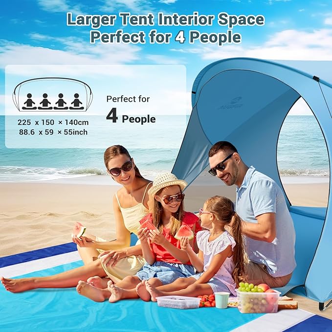 Beach Tent Sun Shelter, Beach Tent with Beach Mat Set, 4 Person Portable Beach Shade Canopy with UPF 50＋ UV Protection, Dual-Door Ventilation Design, Easy Setup Family Beach Umbrella (Blue)