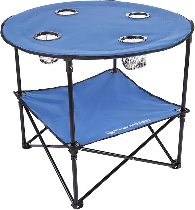 Wakeman Camp Table - Round 2-Tier Folding Table with 4 Cupholders and Carrying Bag - for Camping, Beach, Picnic, Sporting Events, and More Outdoors,Blue
