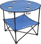 Wakeman Camp Table - Round 2-Tier Folding Table with 4 Cupholders and Carrying Bag - for Camping, Beach, Picnic, Sporting Events, and More Outdoors,Blue