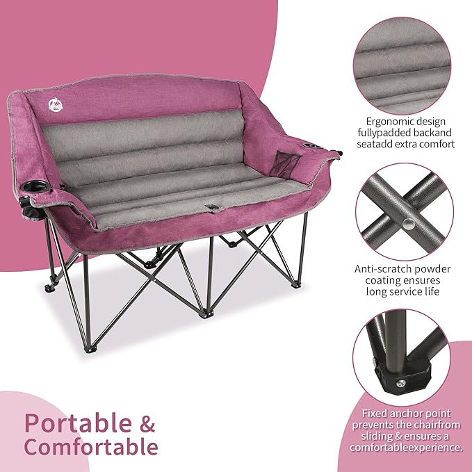 Northroad Oversized Double Camping Chair, Fully Padded Loveseat, Heavy Duty Folding Duo Chair w/Cup Holders, Armrests & Carry Bag, Supports up to 600lbs, Purple