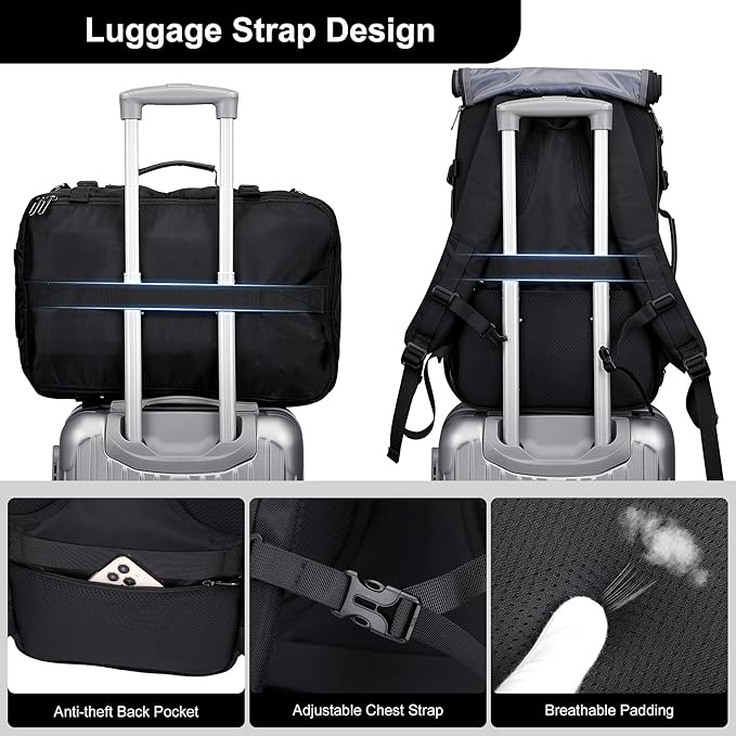 PIJUSHI Travel Backpack for Women Men Carry on Luggage Backpack Flight Approved Convertible Duffle Bag Fit 16 Inch Laptop(PE037 Black)