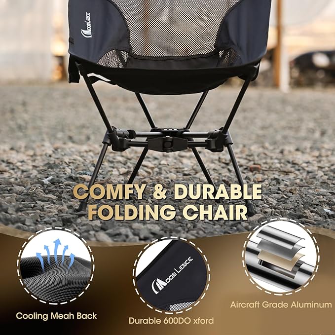 MOON LENCE Portable Camping Chair，Lightweight Backpacking Hiking Chairs,Compact,Foldable,with Anti-Sinking Large Feet for Beach,330 lbs Capacity (Black, Standard)