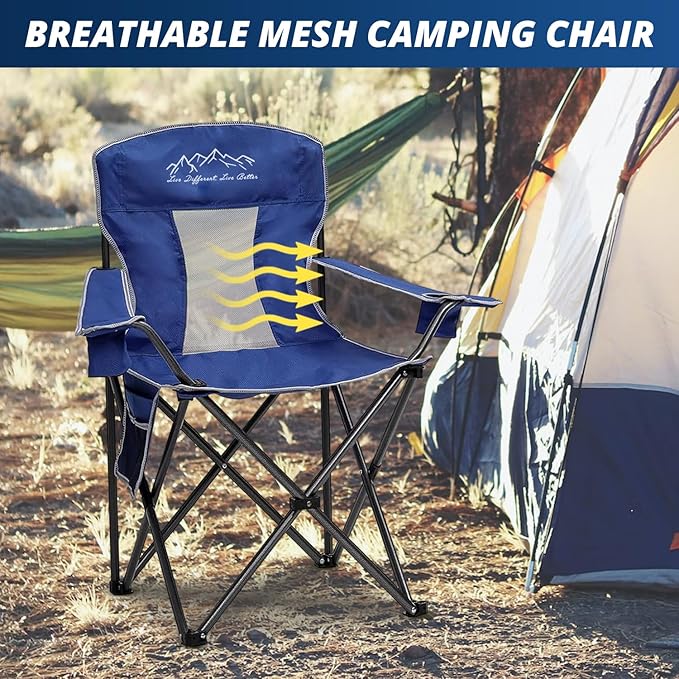 2PCS Mesh Folding Camping Chairs, Oversized Portable Outdoor Chairs, Weight Capacity 325 lbs with Cup Holder, Storage Pocket, Carry Bag Blue