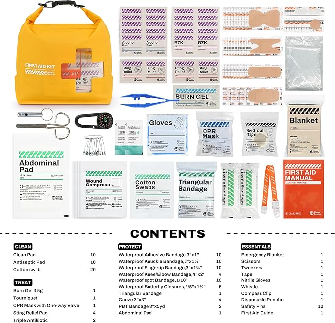 RHINO RESCUE Waterproof Boat First Aid Kit, Lightweight Boat Accessories Dry Bag, Emergency Marine Survival Supplies for Outdoor Kayak, Fishing, Floating, Swimming, Beach & Camping (Yellow)