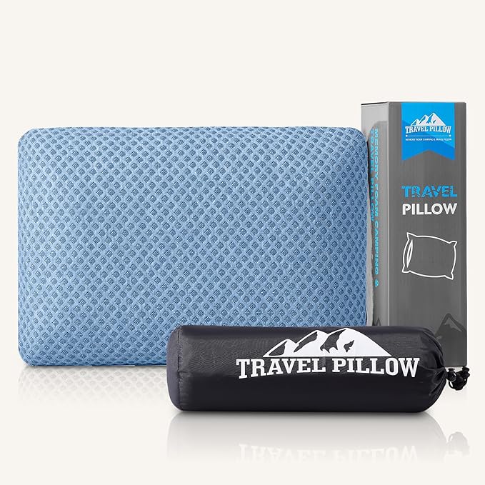 Travel Pillow Memory Foam Pillows, Camping Pillow-Compressible Medium Firm, Breathable Cover, Ideal Backpacking Hiking, Bed Pillows, Airplane and Car (Blue, M)