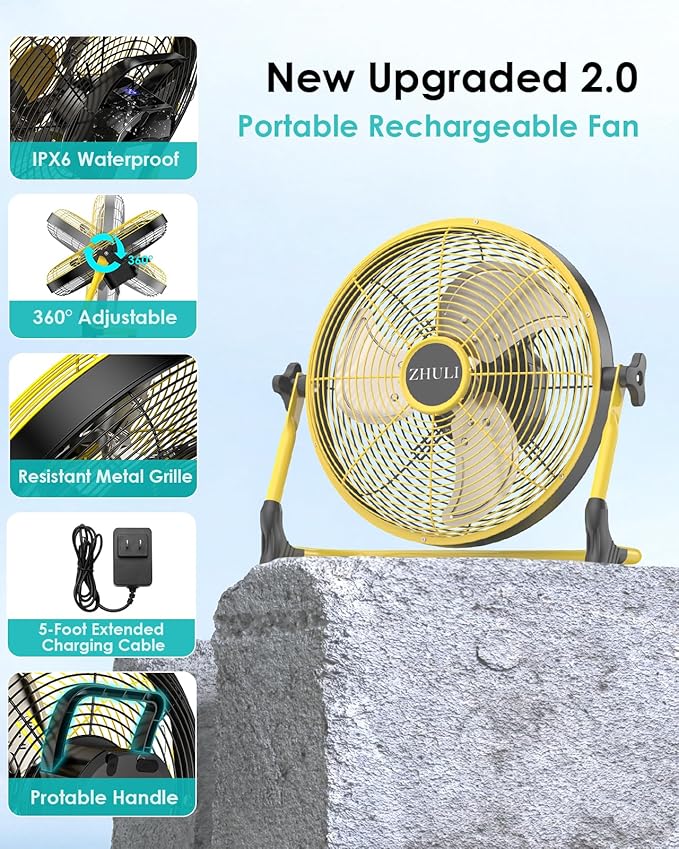 ZHULI 10" Portable Battery Operated Floor Fan, Rechargeable Cordless Camping Fan, Hi-Velocity Brushless Motor, Metal blade, USB Phone Charge, 8~60H Runtime, Quiet, Wireless, For Outdoor Home Workshop