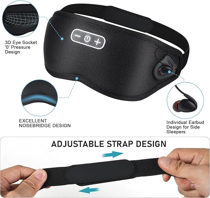 White Noise Sleep Mask, Breathable 3D Soft Eye Mask with Earplugs for Side Sleepers, Blackout 3D Contoured Eye Cover with Adjustable Strap for Women Men, no Bluetooth, no APP(Black)