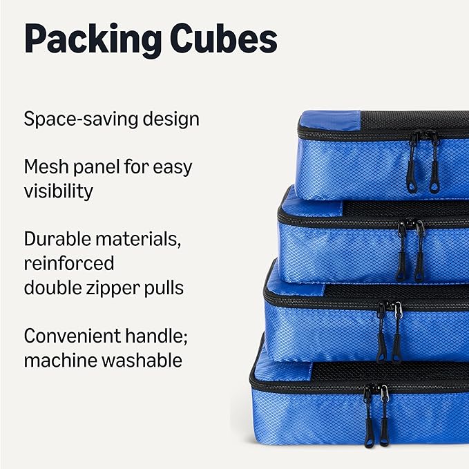 Amazon Essentials 4-Piece Packing Cubes Travel Accessories Set, Luggage Organizer with Double Zipper, Mesh Top, 100% Polyester, Small/Medium/Large/Slim, Blue (Previously Amazon Basics)