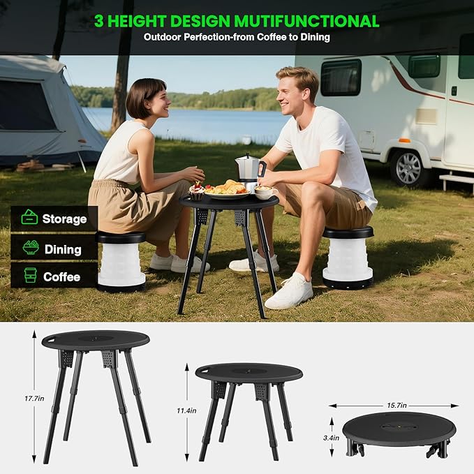 LED Camping Table Set with Stools, 300lbs Capacity Adjustable Height Folding Table & Chairs, All-in-One Compact Design for Outdoor, Camping, Picnic, Tailgating