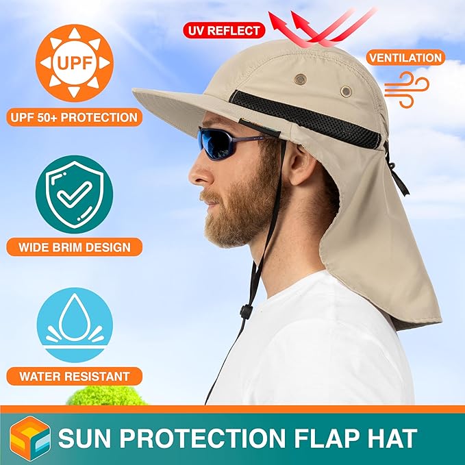 SUN CUBE Sun Hat for Men, Wide Brim Fishing Hat Neck Flap Cover Men, Women, Hiking, Camping, Sun Protection UV, Gardening