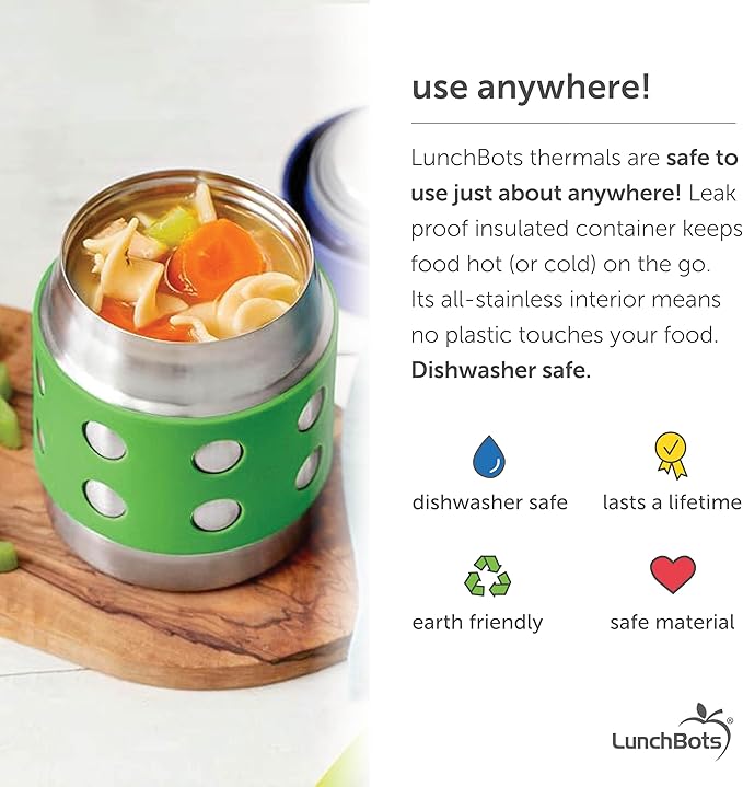 LunchBots Thermal 8 oz Triple Insulated Thermo - Hot 6 Hours or Cold 12 Hours - Leak Proof Thermo Soup Jar - All Stainless Interior - Navy Lid - Green Dots