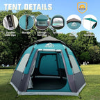 Hewolf 2/3/4 Person Camping Tent - Instant Pop Up Waterproof 2 Doors Tent with Easy Setup | 3-Season Hexagonal Dome Design for Family, Hiking & Traveling