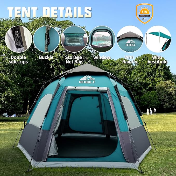 Hewolf 2/3/4 Person Camping Tent - Instant Pop Up Waterproof 2 Doors Tent with Easy Setup | 3-Season Hexagonal Dome Design for Family, Hiking & Traveling