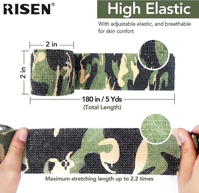 RISEN Cohesive Bandage 2” x 5 Yards, 6 Rolls, Self Adherent Wrap Medical Tape, Adhesive Flexible Breathable First Aid Gauze Ideal for Stretch Athletic (Multicolor Camouflage)