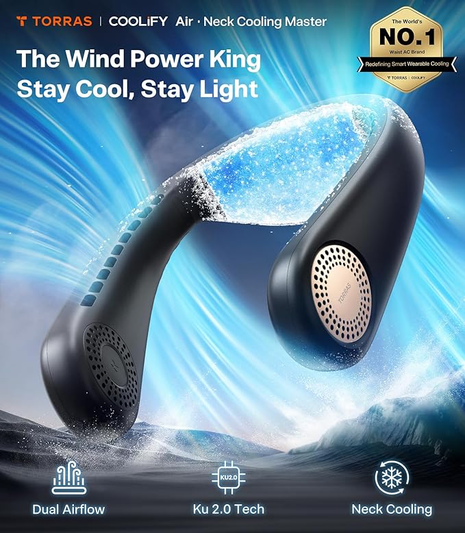 TORRAS COOLiFY Air 2025 Upgraded Neck Fan Air Conditioner, Dual-Airflow Pro Cooling, Ultra Light Portable Fan Rechargeable, Personal Cooling Fan Travel Essentials, Gifts for Dad Husband Father, Black