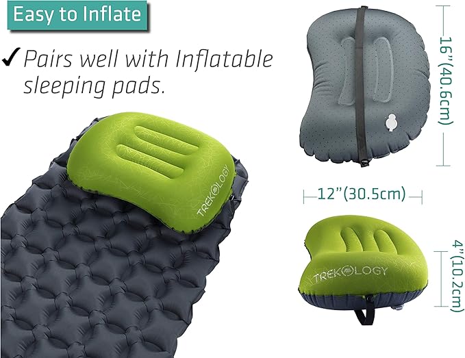TREKOLOGY Ultralight Inflatable Camping Travel Pillow - ALUFT 2.0 Compressible, Compact, Comfortable, Ergonomic Inflating Pillows for Neck & Lumbar Support While Camp, Hiking, Backpacking