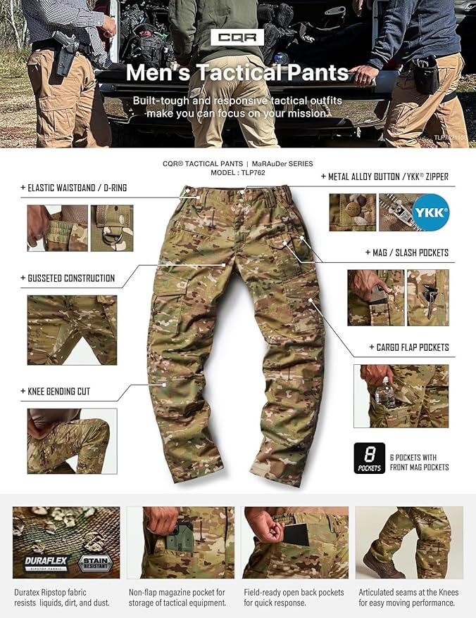 CQR Men's Flex Ripstop Tactical Pants, Water Resistant Stretch Cargo Pants, Lightweight EDC Hiking Work Pants