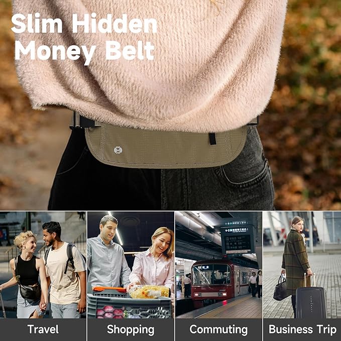 FuninCrea Waterproof Hidden Money Belt for Travel, Anti-Theft Belt Bag with RFID Blocking Function Adjustable Slim Waist Bag with 2 Zipper Pockets and 1 Back Pocket for Travel Running (Style 2, Khaki)