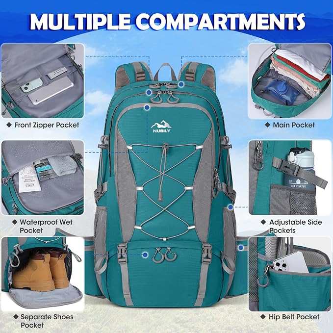 NUBILY 50L Hiking Backpack Waterproof Camping Backpack for Men Women Lightweight HIking Daypack Outdoor Travel Daypack