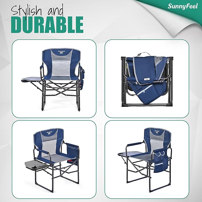 SUNNYFEEL Camping Directors Chair, Heavy Duty,Oversized Portable Folding Chair with Side Table, Pocket for Beach, Fishing,Trip,Picnic,Lawn,Concert Outdoor Foldable Camp Chairs