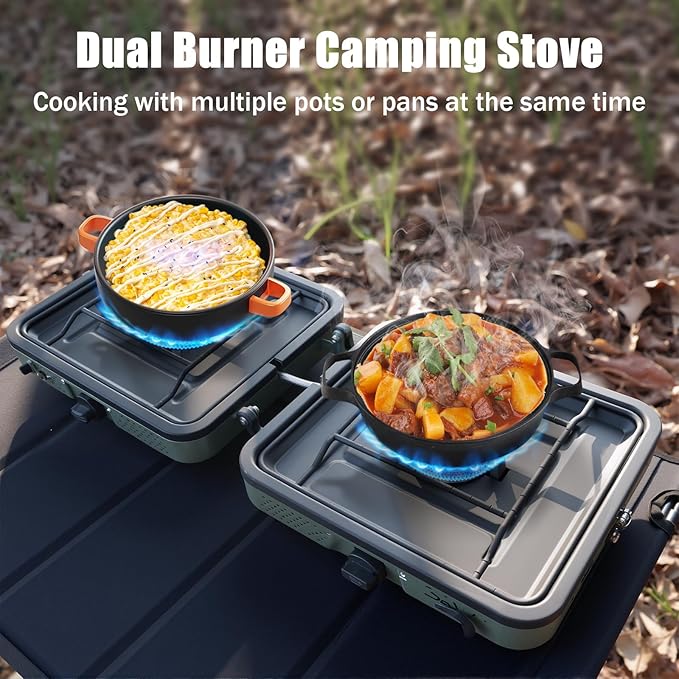 Camping Stove 2 Burner, Lightweight Foldable Propane Stove with 17200 BTUs High Output, Quick Ignition & Ajdust Camp Stove, Must Have for Camping, Hiking, Travel, Outdoor BBQ