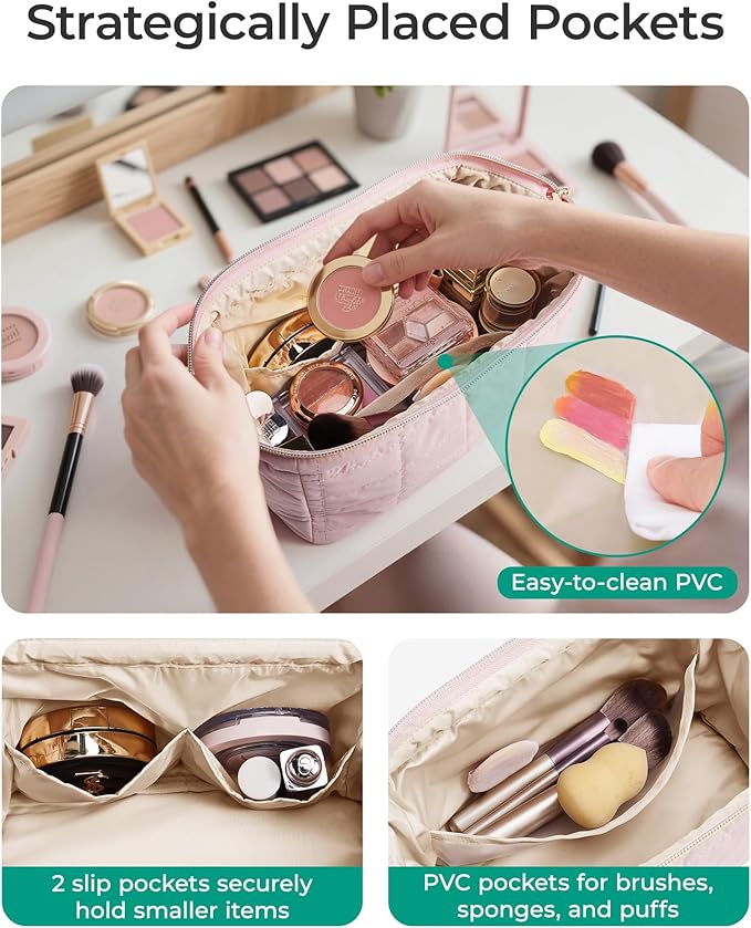 BAGSMART Makeup Bag Travel Toiletry Bag, Puffy Padded Make Up Bags for Women Makeup Organizer Case, Wide-open Pouch Purse Travel Essentials Toiletries Accessories Brushes, Chocolate