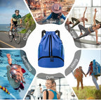 Hoedia Sports Drawstring Backpack - String Swim Gym Bag with Shoes Compartment and Wet Proof Pocket for Women and Men, Blue