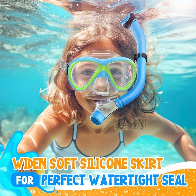 Kids Snorkel Set, Dry Top Snorkeling Gear for Kids, Diving Mask for Youth Boys Girls Age 5-15, Tempered Glass Swimming Goggles Combo Set, Anti-Fog Panoramic View Kids Snorkel Set