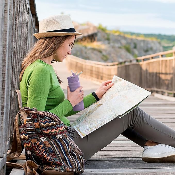 IDEUS Insulated Stainless Steel Water Bottle with 2 Leak-Proof Lids, Thermal Water Flask for Hiking Biking, 24oz, Orange