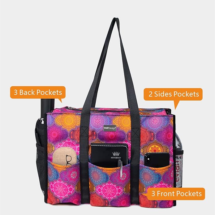 TOPDesign Utility Water Resistant Tote Bag with 13 Pockets, Top Zipper Closure & Thick Bottom Support, for Working Women