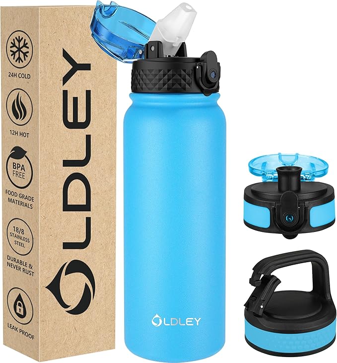 OLDLEY Insulated Water Bottle 20oz Water Bottles with Straw, Stainless Steel Water Bottle with 3 Lids, Double Wall Vacuum Bottles for Adult Kids, Sports Bottles for School Travel,Blue