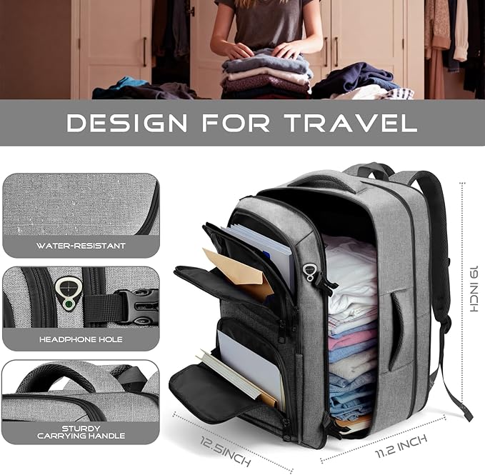 Travel Backpack for Men, Expandable Carry on Backpack, TSA 17.3 inch Laptop Bag Flight Approved, Lightweight Business Luggage Bag, Travel Gifts for Men Women, Grey