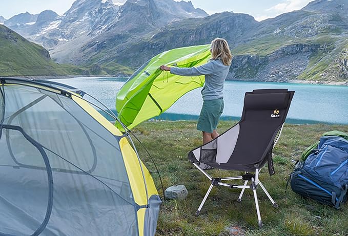 Nice C Ultralight High Back Folding Camping Chair, Collapsible Backpacking Chair, Compact & Heavy Duty Outdoor, Travel, Picnic, Festival with 2 Side Pockets, Pillow &Carry Bag (Set of 2 Black)
