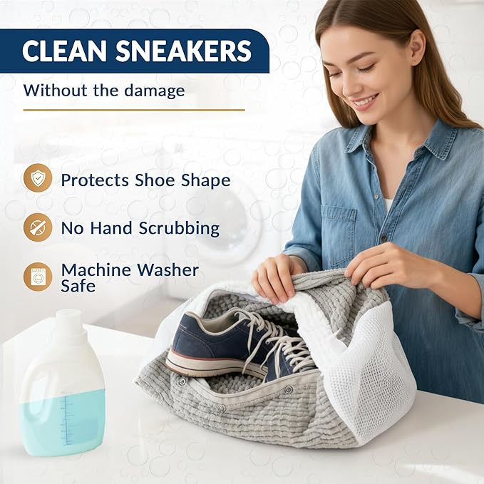 XL Tennis Shoe Washing Machine Bag with Magnetic Zipper Protection │ Reusable Laundry Shoe Cleaning Bag for Sneakers - Deep Cleans Without Damage │ Washer & Dryer Safe │ 7 in 1 Essential Wash Bundle