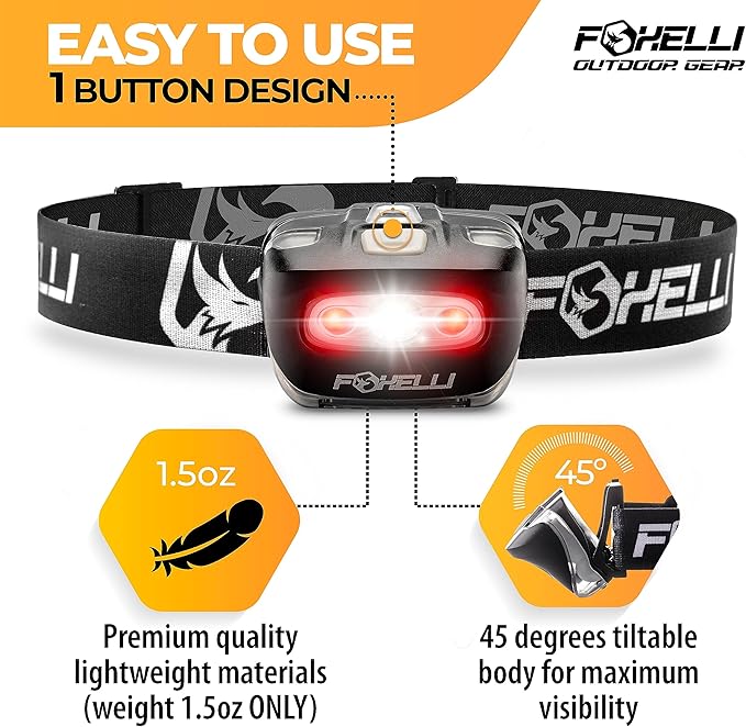 Foxelli LED Headlamp Flashlight for Adults & Kids, Running, Camping, Hiking Head Lamp with White & Red Light, Comfortable Headband, Lightweight & Waterproof, 3 AAA Batteries
