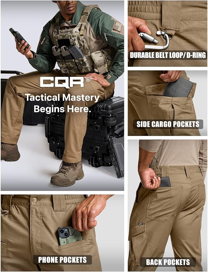 CQR Men's Flex Ripstop Tactical Pants, Water Resistant Stretch Cargo Pants, Lightweight EDC Hiking Work Pants