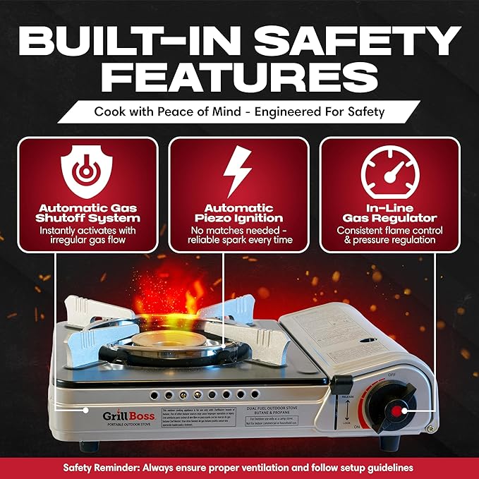 Dual Fuel Portable Stove Combo, Dual Fuel Butane & Propane Stove, 12K BTU Portable Camping Stoves w/ 4 x 8 oz. Butane Tin Canister for Camping, Emergencies & Outdoor Cooking, Grill by Grill Boss 90057