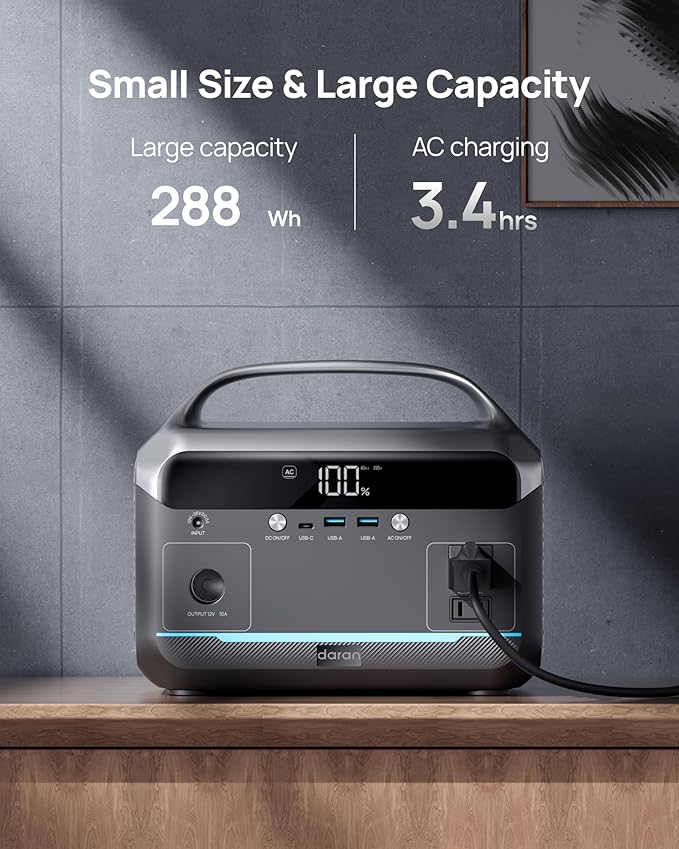 Portable Power Station 90,000mAh with 40W Solar Panel, DaranEner 288Wh LiFePO4 Battery, Backup w/2× 350W (600W Surge)110V Pure Sine Wave AC Outlet, Solar Generator for Home Backup, CPAP, RV, Camping