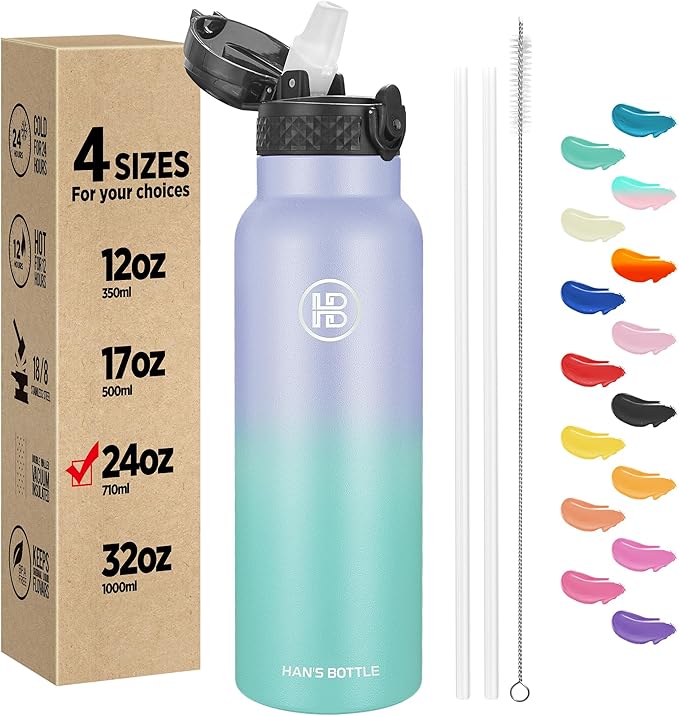 Han's Bottle Sports Water Bottle - 24 Oz, Straw Lid, Leak Proof, Vacuum Insulated Stainless Steel, Double Walled, Thermo Mug,Lilac green
