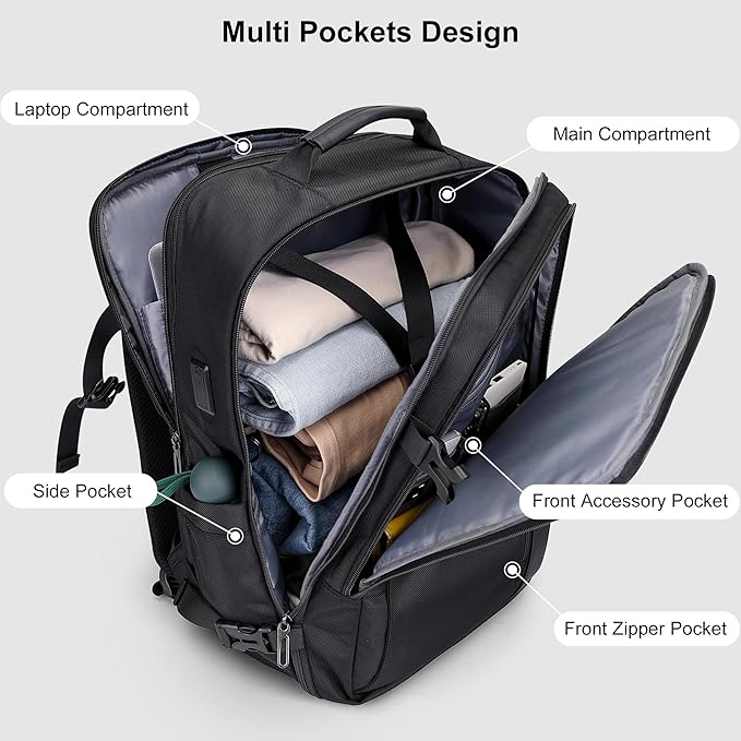 PIJUSHI Travel Backpack for Women Men Expandable Carry on Luggage Backpack Airline Approved Personal Item Laptop Bag(PE034 Black)