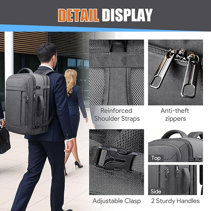 55L Travel Backpack, Carry On Backpack, Expandable 50L - 60L Anti-Theft TSA Flight Approved Large Laptop Bag, Sturdy 18.4 Inch Lightweight Water Resistant Business Bag for Men, Grey