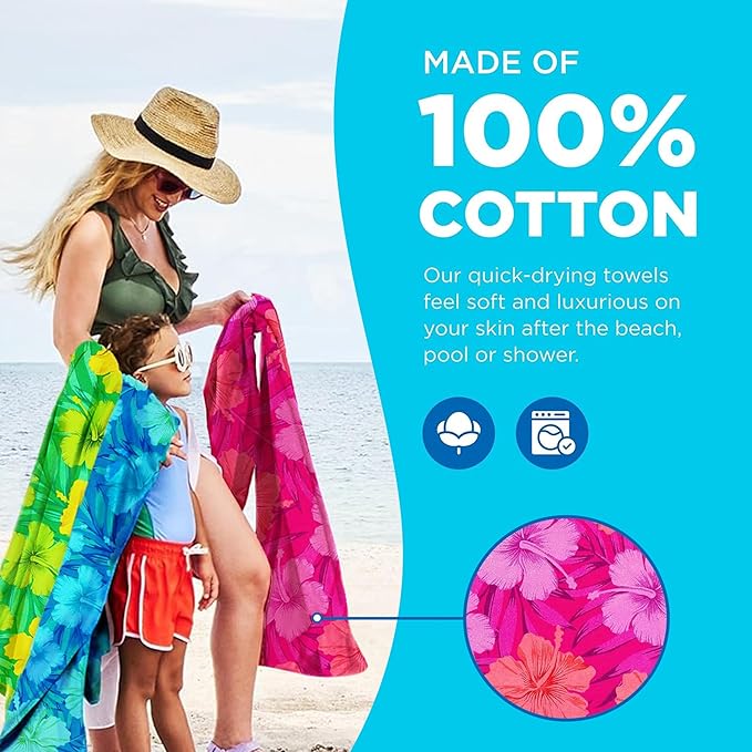 Kaufman - Colorful Hibiscus Beach Towels | 100% Cotton with Ends Hemmed | 30" x 60" | Colorful Soft & Absorbent Pool Towels for Adults and Kids | Fiber Reactive | 24 Pack