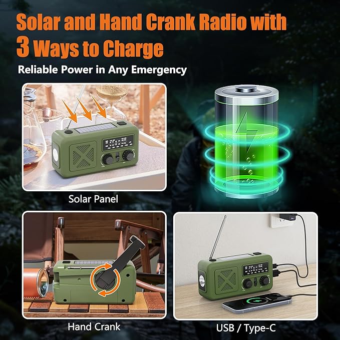 Emergency Radio Hand Crank Solar, 5000mAh/18500mWh Emergency Weather Radio, Solar Crank Radios with NOAA/AM/FM, Rechargeable Headlight, Thermal Blanket, Paracord Bracele, for Outdoor & Home