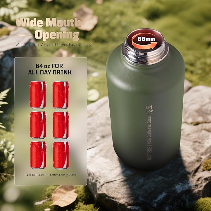 OneTigris Tactical Half Gallon Water Bottle with Straw - 64 oz Vacuum Insulated Stainless Steel Water Jug, Leakproof Sport Bottle with 3 BPA Free Lids, Paracord Handle & MOLLE Water Pouch for Outdoor