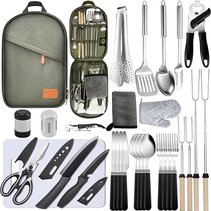 Camping Cooking Utensils Set - Camping Utensil Set Car Camping Cooking Essentials Gear for Camp Kitchen Cooking and Grilling, Stainless Steel & Silicone Ideal Gift for RV Tent Camper