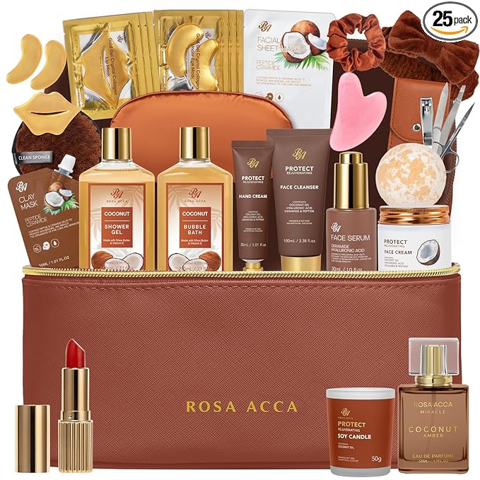 25 Pcs Mother's Day Gift, Bath & Body Gift Set for Women, Skin Care Set, Coconut Vanilla Spa Gift Basket, Self Care Set, Cosmetic Bag, Christmas, Birthday, Anniversary, Valentines, Mom, Wife
