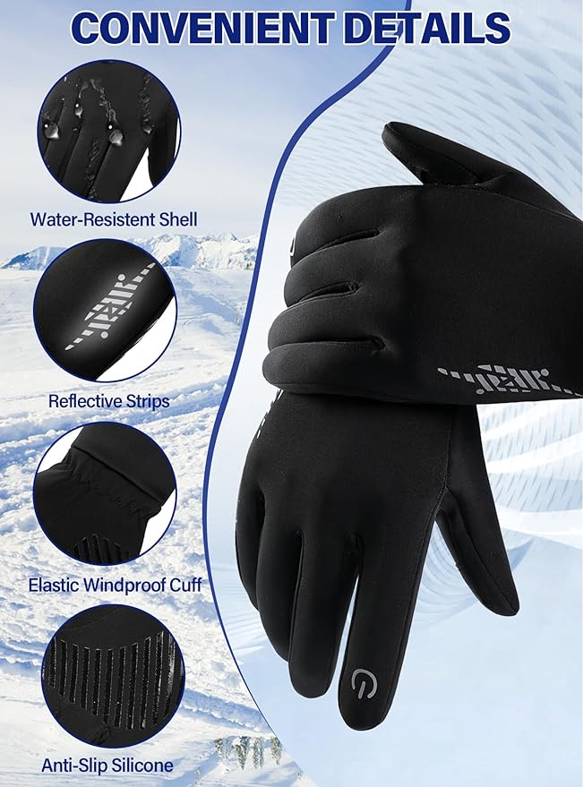 Winter Gloves Men Women - Thermal Windproof Running Touchscreen Gloves, Unisex Warm Anti-Slip Lined Cold Weather Glove
